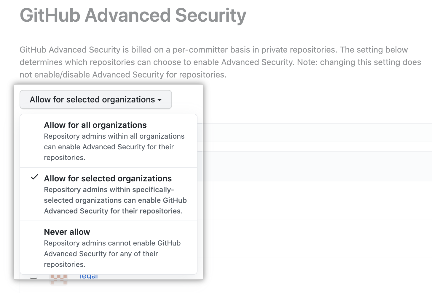 Drop-down to select Advanced Security policy for organizations in the enterprise account