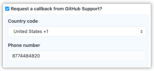 Captura de pantalla de la casilla "Solicitar una llamada al soporte técnico de GitHub", menú desplegable "Código de país" y cuadro de texto "Número de teléfono".