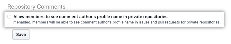 Caixa de seleção usada para permitir que os membros vejam o nome completo do autor do comentário em repositórios privados