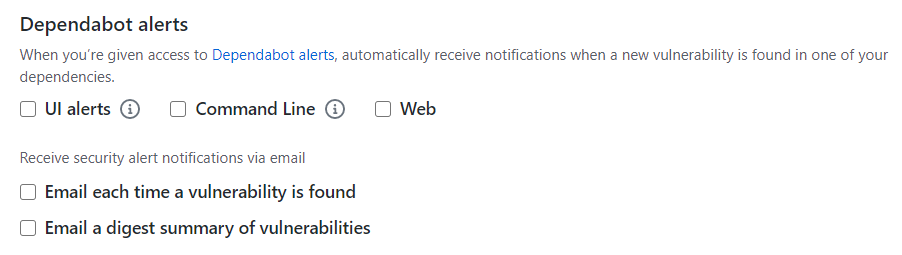 Screenshot of the Dependabot alerts options
