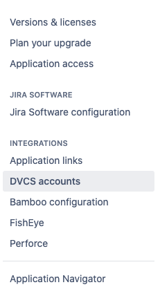 Jira Integrations menu - DVCS accounts