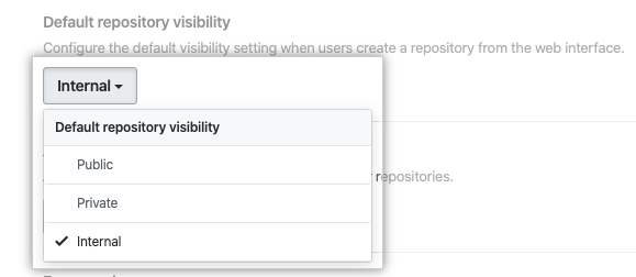 Drop-down menu to choose the default repository visibility for your enterprise