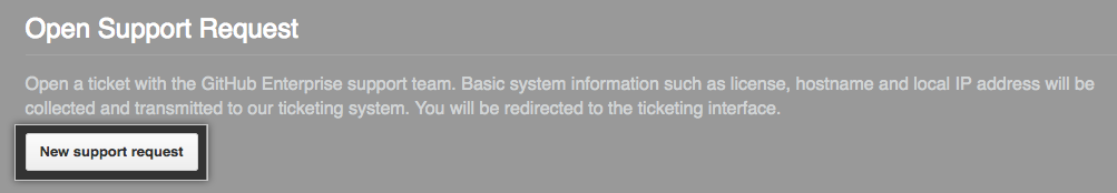 Captura de pantalla del botón "New support request" (Nueva solicitud de soporte técnico) en la página Soporte de la Consola de administración.