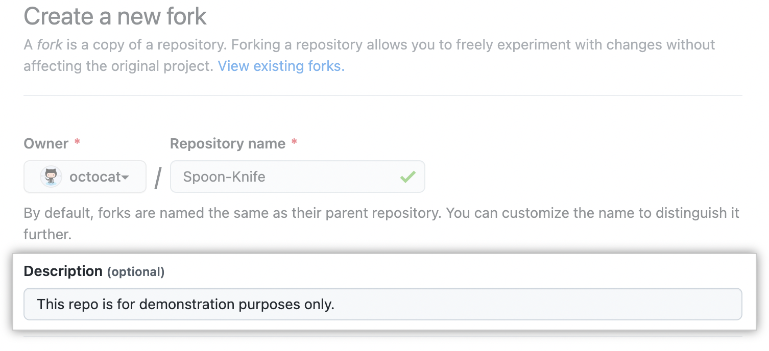 Create a new fork page with description field emphasized
