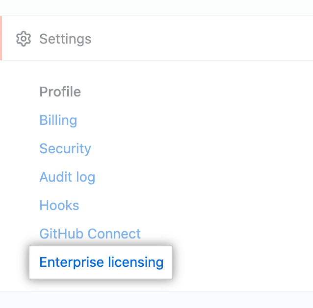 Captura de pantalla en la que se muestra el enlace de "Licencias de Enterprise" en la barra lateral de configuración de la cuenta empresarial.