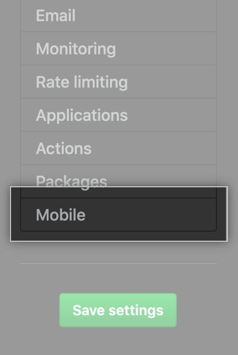 "Dispositivos móviles" en la barra lateral izquierda para la consola de administración de GitHub Enterprise Server