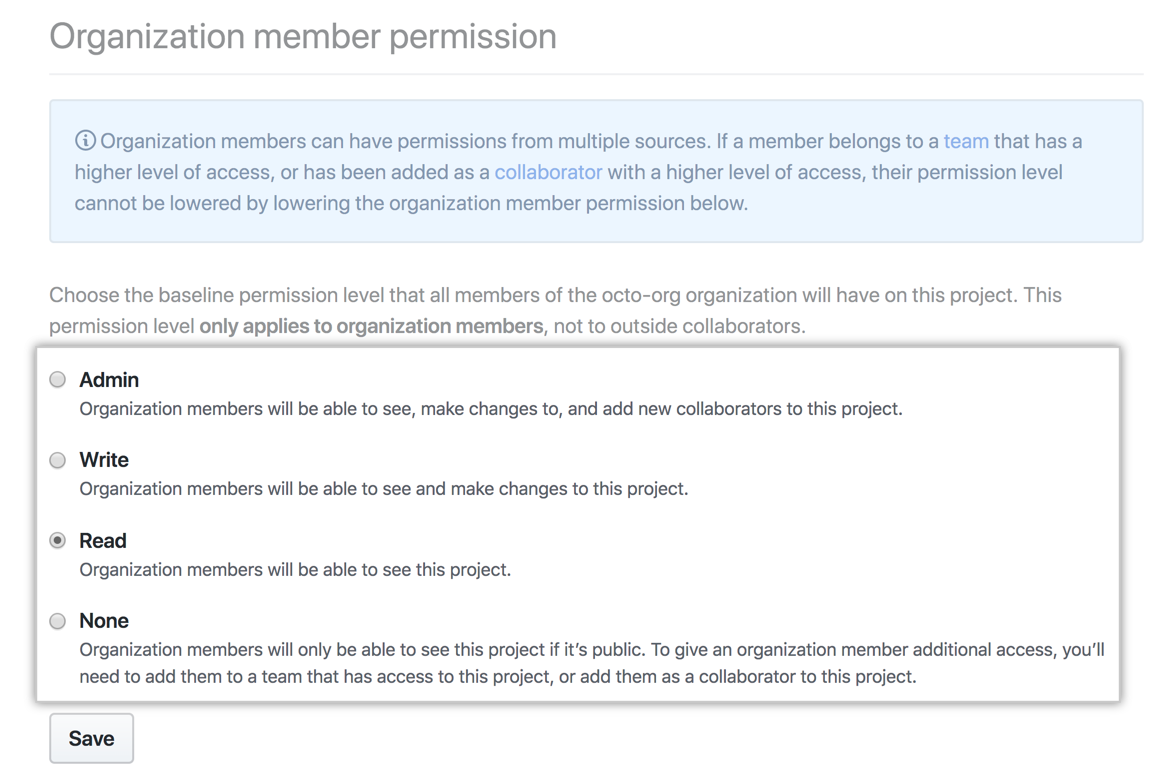 Opções de permissões de linha de base de quadro de projetos para todos os membros da organização