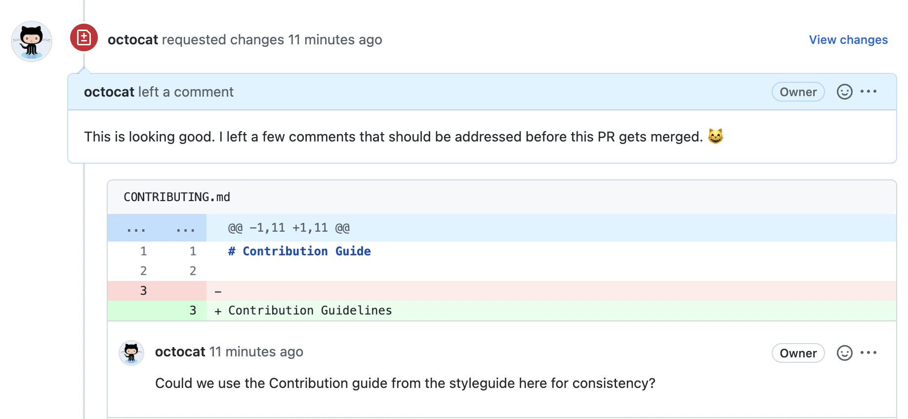 Header of review requesting changes with line comments