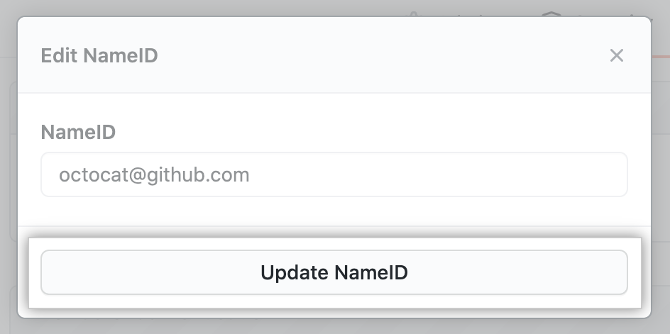 Botón "Update NameID" (Actualizar NameID) en el valor NameID actualizado en el modal