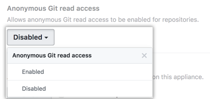 Anonymous Git read access drop-down menu showing menu options "Enabled" and "Disabled"