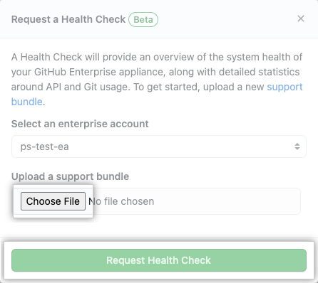 Captura de pantalla de los botones "Choose file" (Elegir archivo) y "Request Health Check" (Solicitar comprobación de estado).