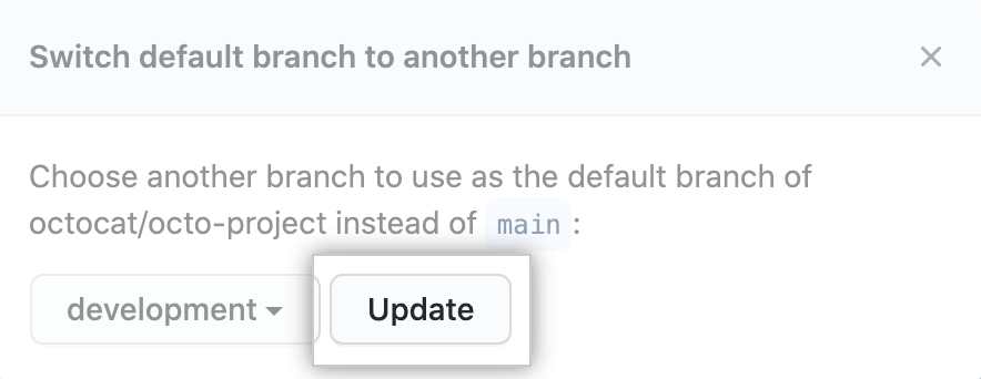 Botón "Update" después de elegir una nueva rama predeterminada