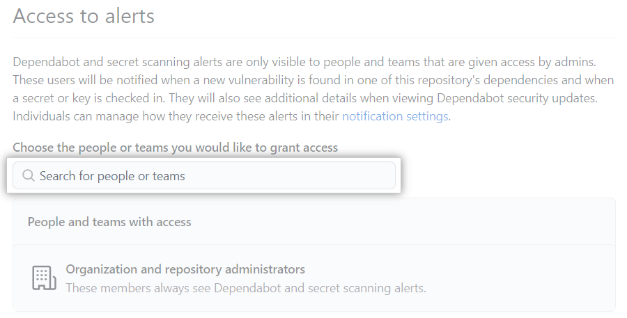 Search field for granting people or teams access to security alerts
