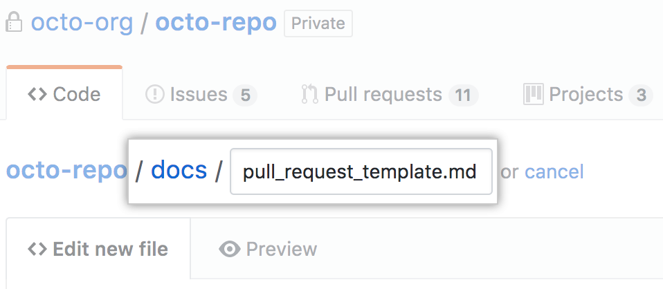 New pull request template in docs directory