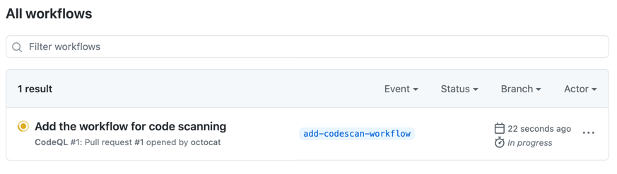 Actions list showing code scanning workflow