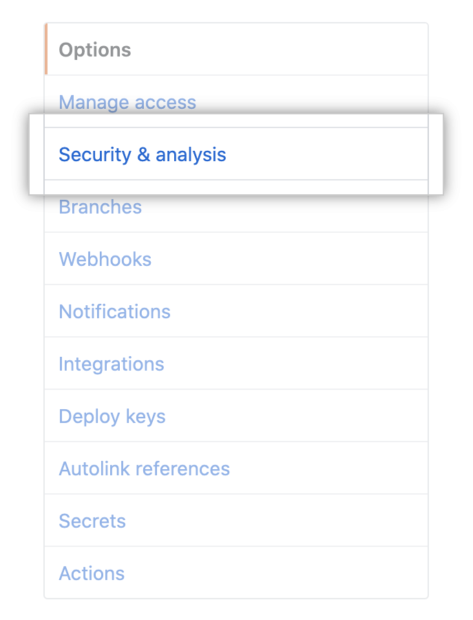 "Security & analysis" tab in repository settings