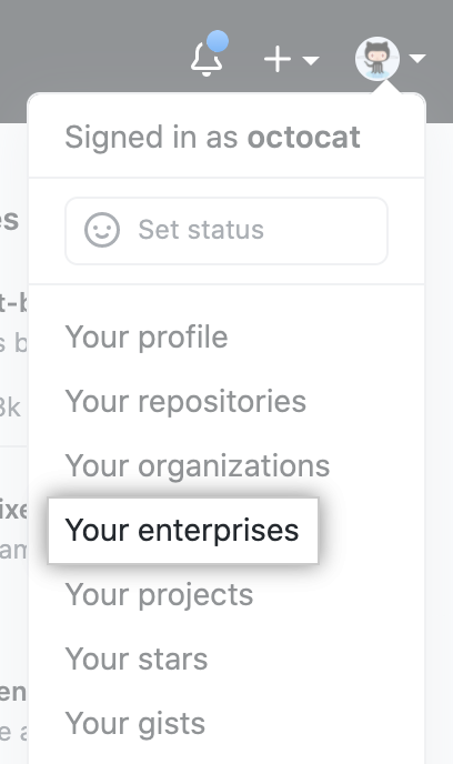 "Suas empresas" no menu suspenso na foto de perfil no GitHub Enterprise Server