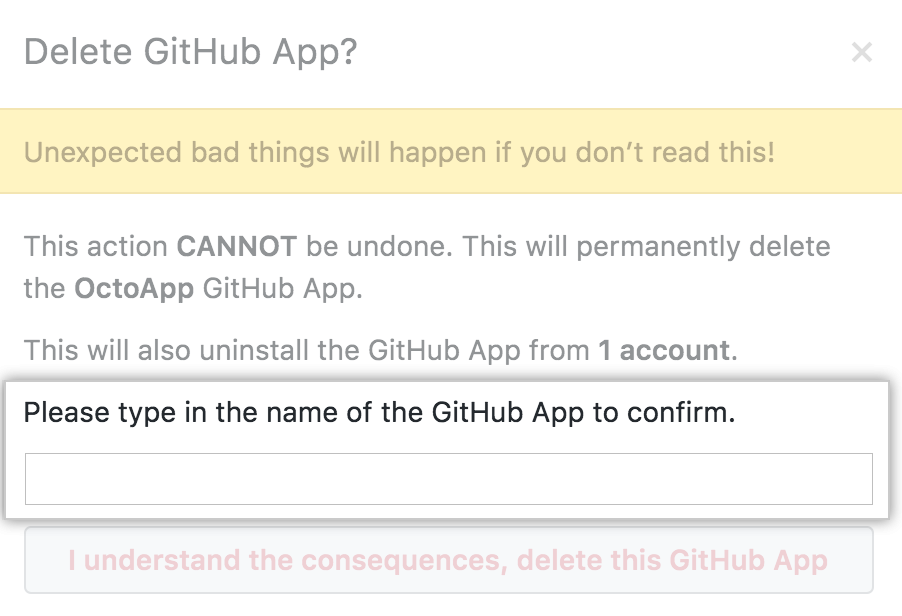 Campo para confirmar el nombre de la aplicación de GitHub App que quiere eliminar