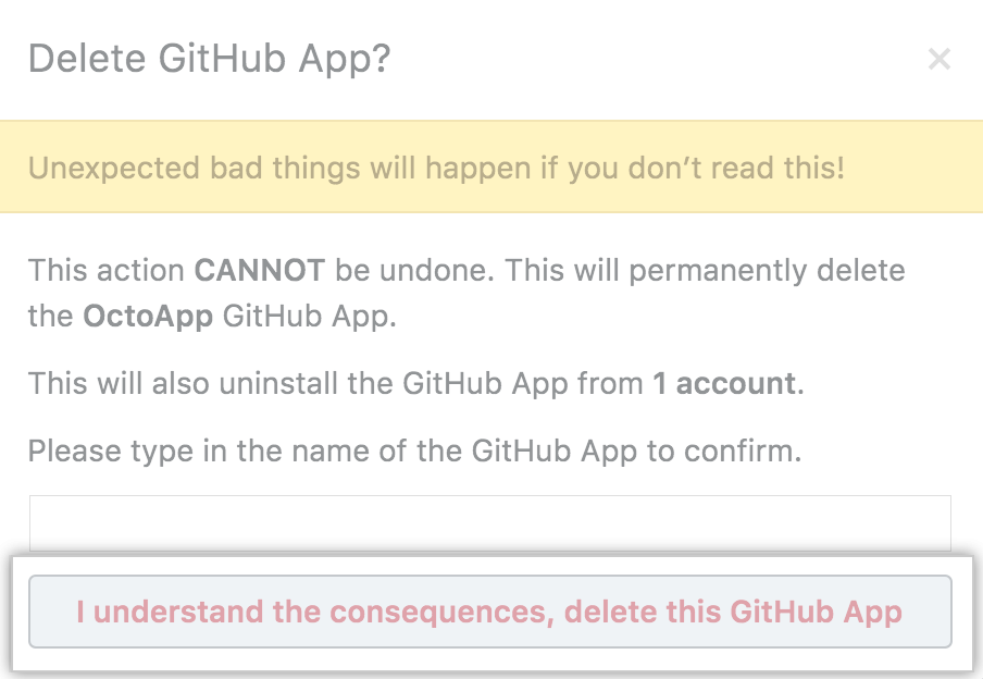 Botón para confirmar la eliminación de la aplicación de GitHub