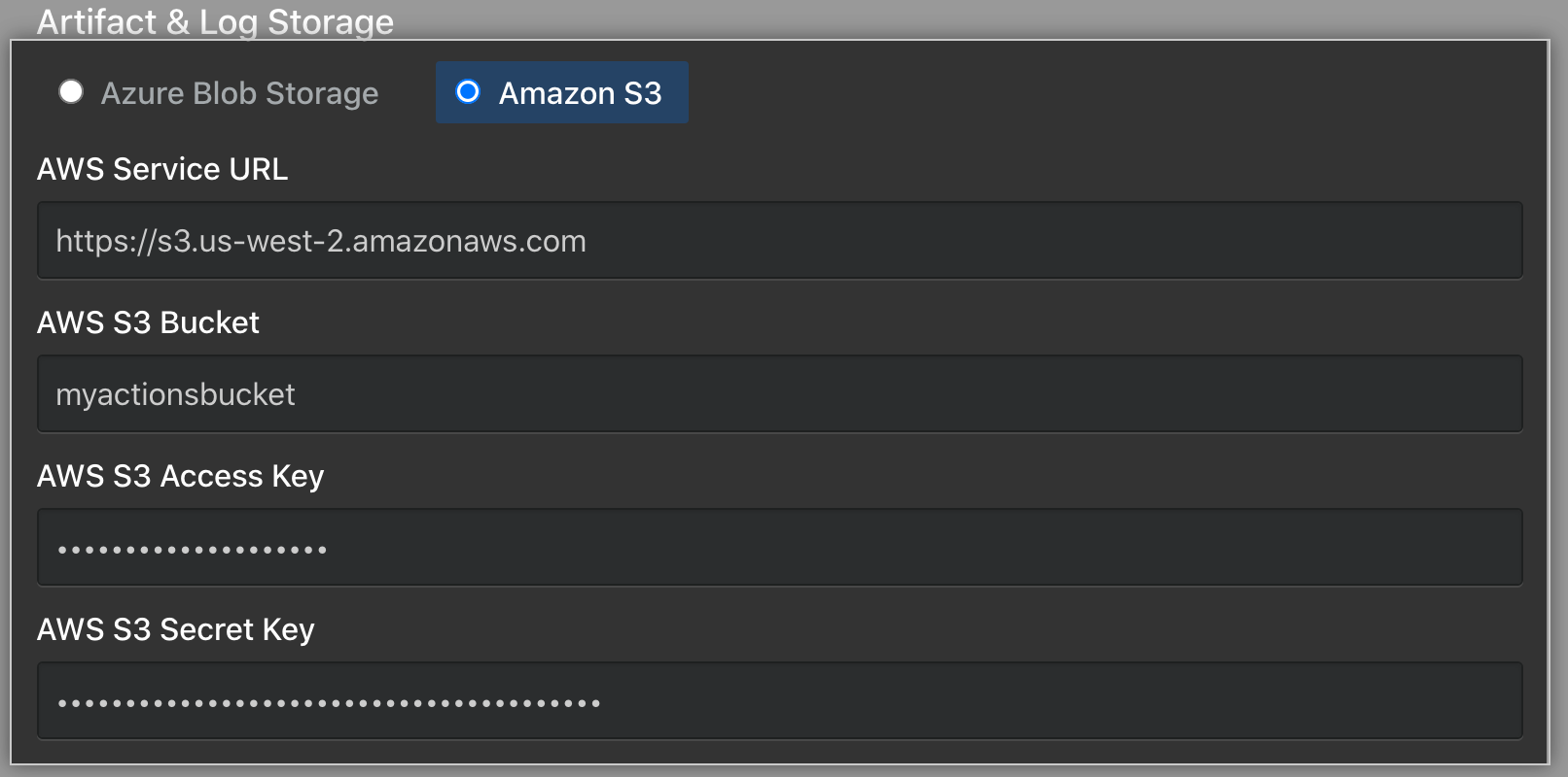 Botão de opção usado para selecionar o Amazon S3 Storage e campos para a configuração do S3