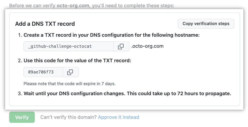 Instructions to create a DNS txt record