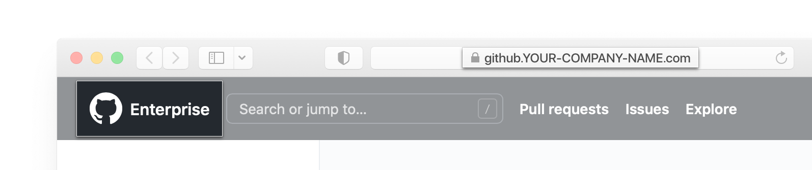 Captura de pantalla de la barra de dirección y el encabezado de GitHub Enterprise Server en un buscador