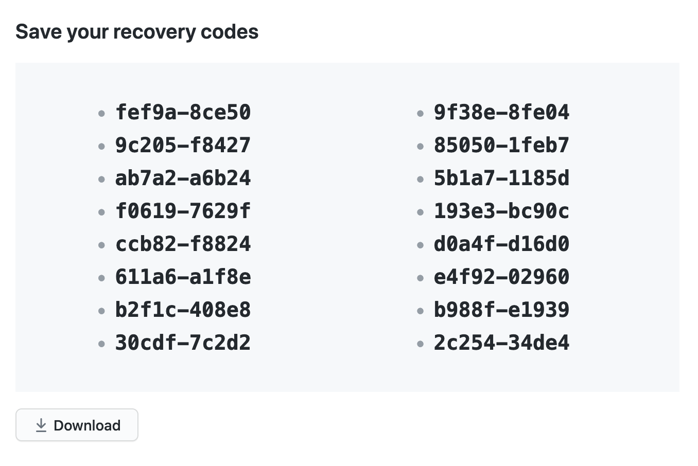 List of recovery codes to download