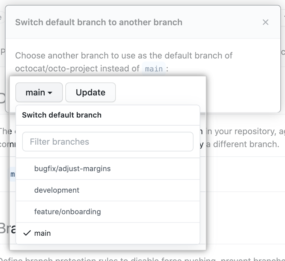 Drop-down to choose new default branch