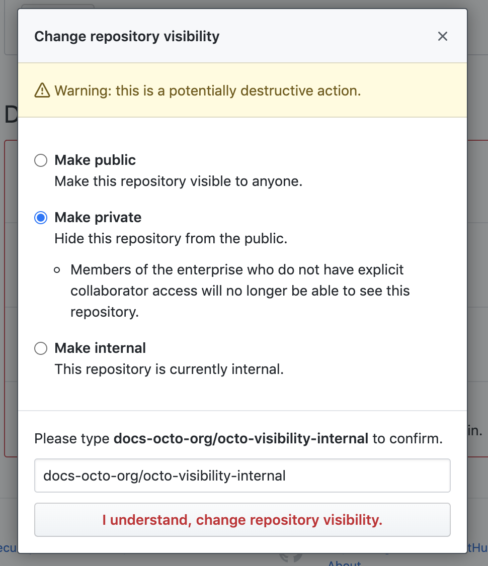 Dialog of options for repository visibility