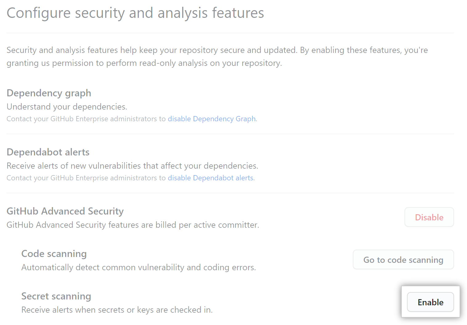 Screenshot of "Enable" or "Disable" button for "Configure security and analysis" features