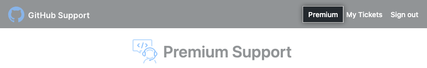 Captura de pantalla del vínculo "Premium" en el encabezado del Portal de soporte técnico de GitHub.