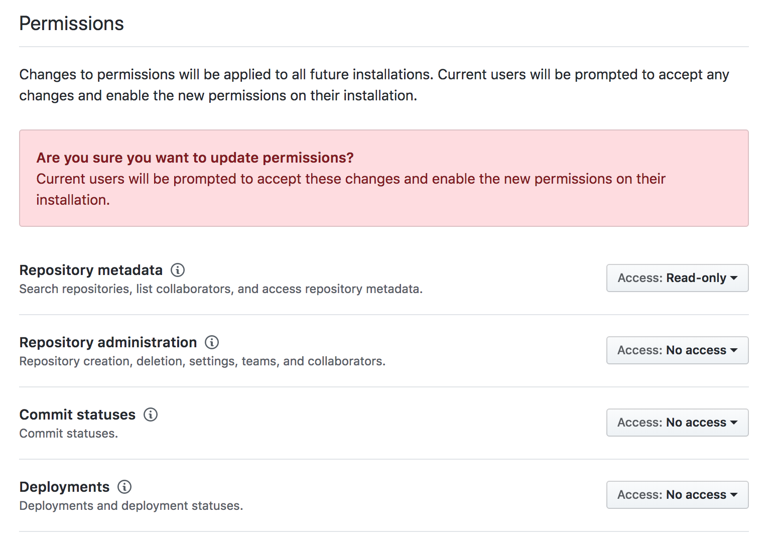 Selecciones de permisos para la aplicación de GitHub