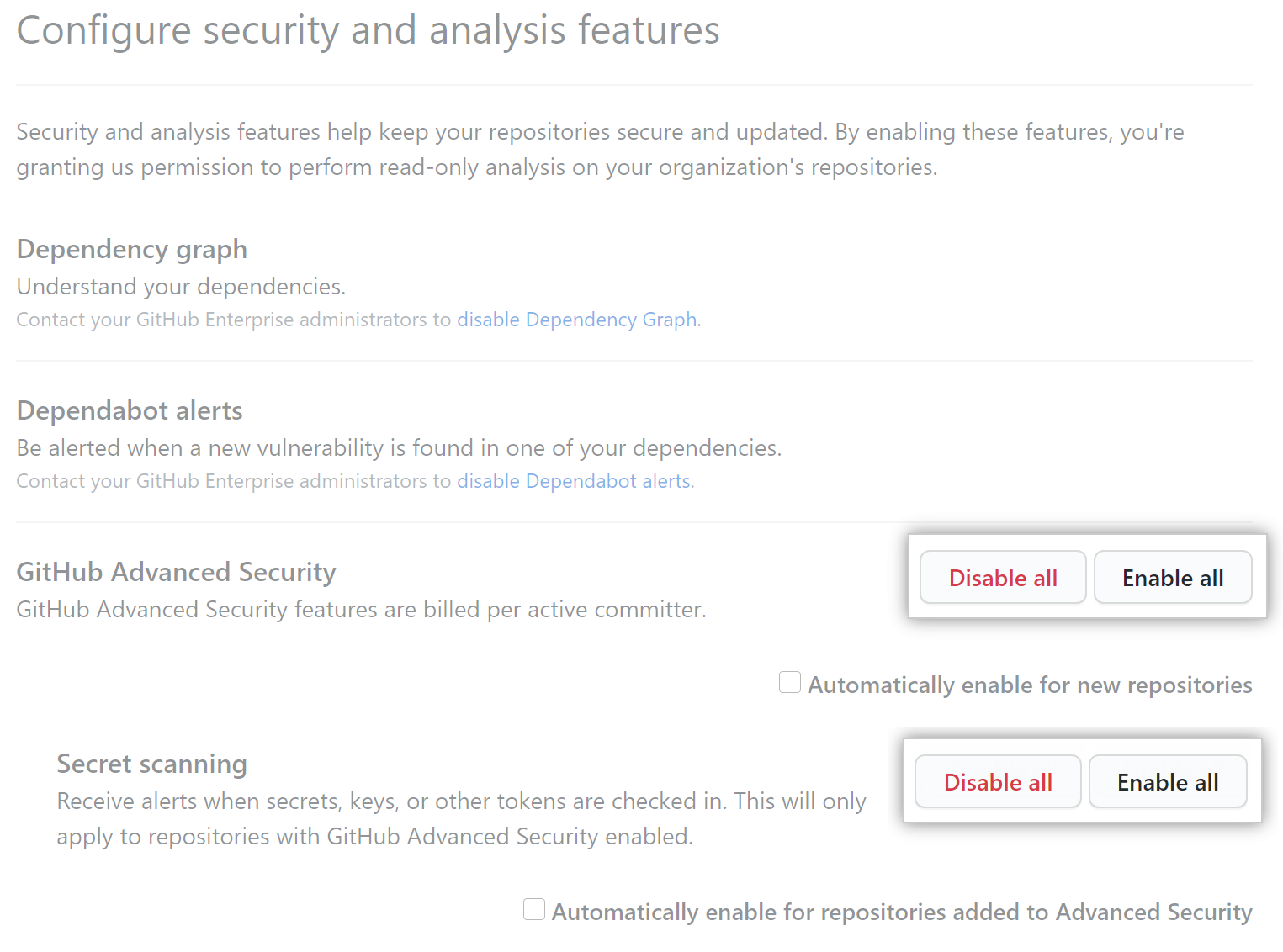 "Enable all" or "Disable all" button for "Configure security and analysis" features