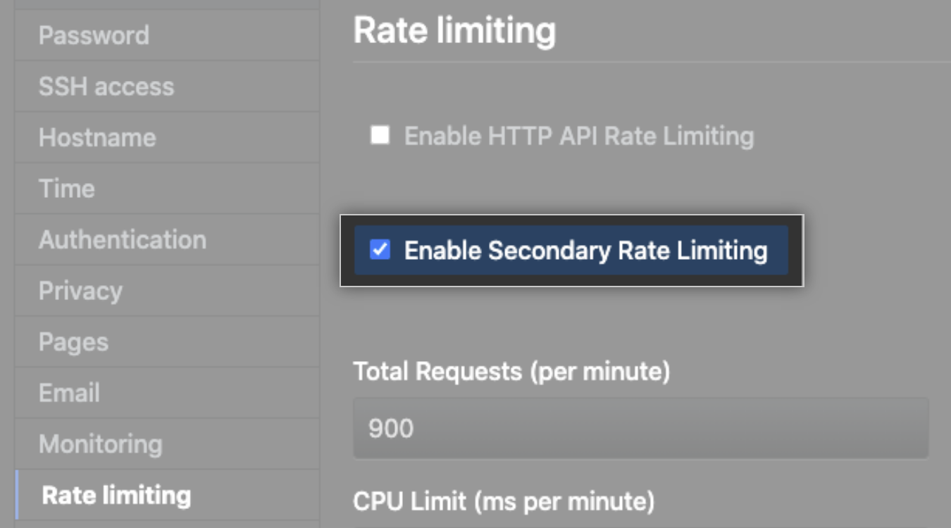 Checkbox for enabling secondary rate limiting