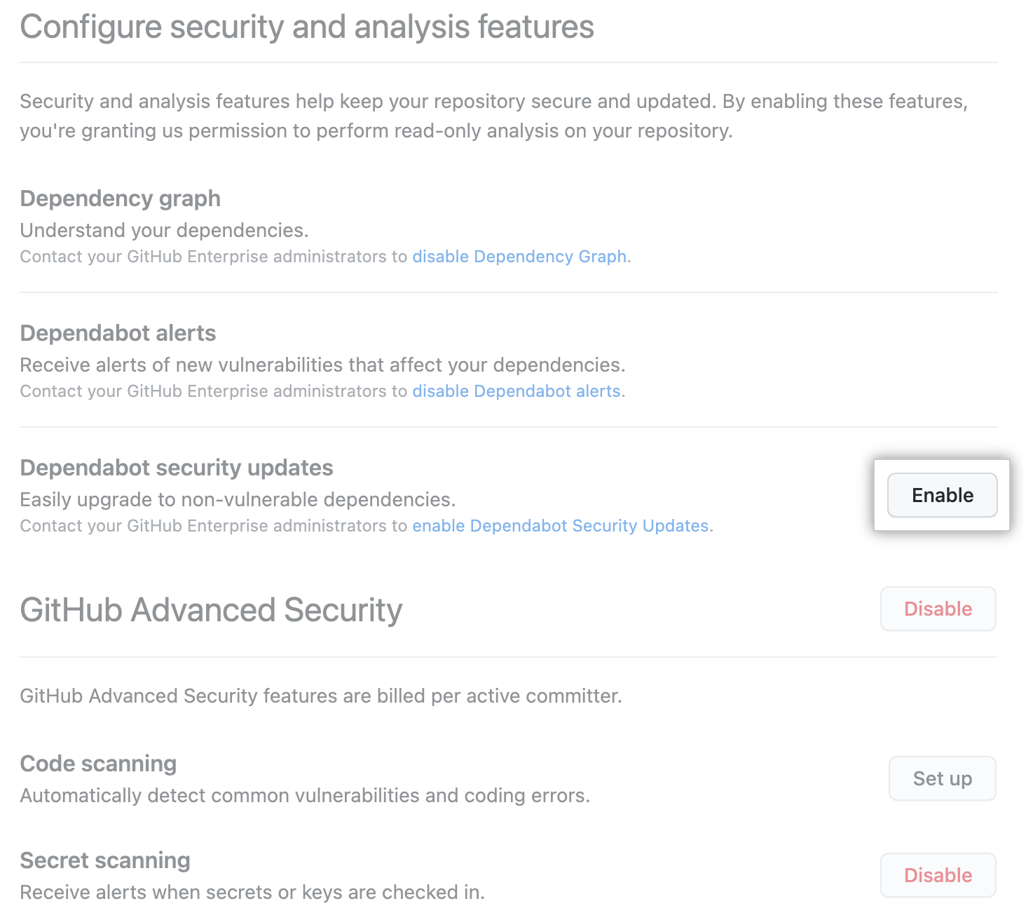 Screenshot of "Code security and analysis" section with button to enable Dependabot security updates