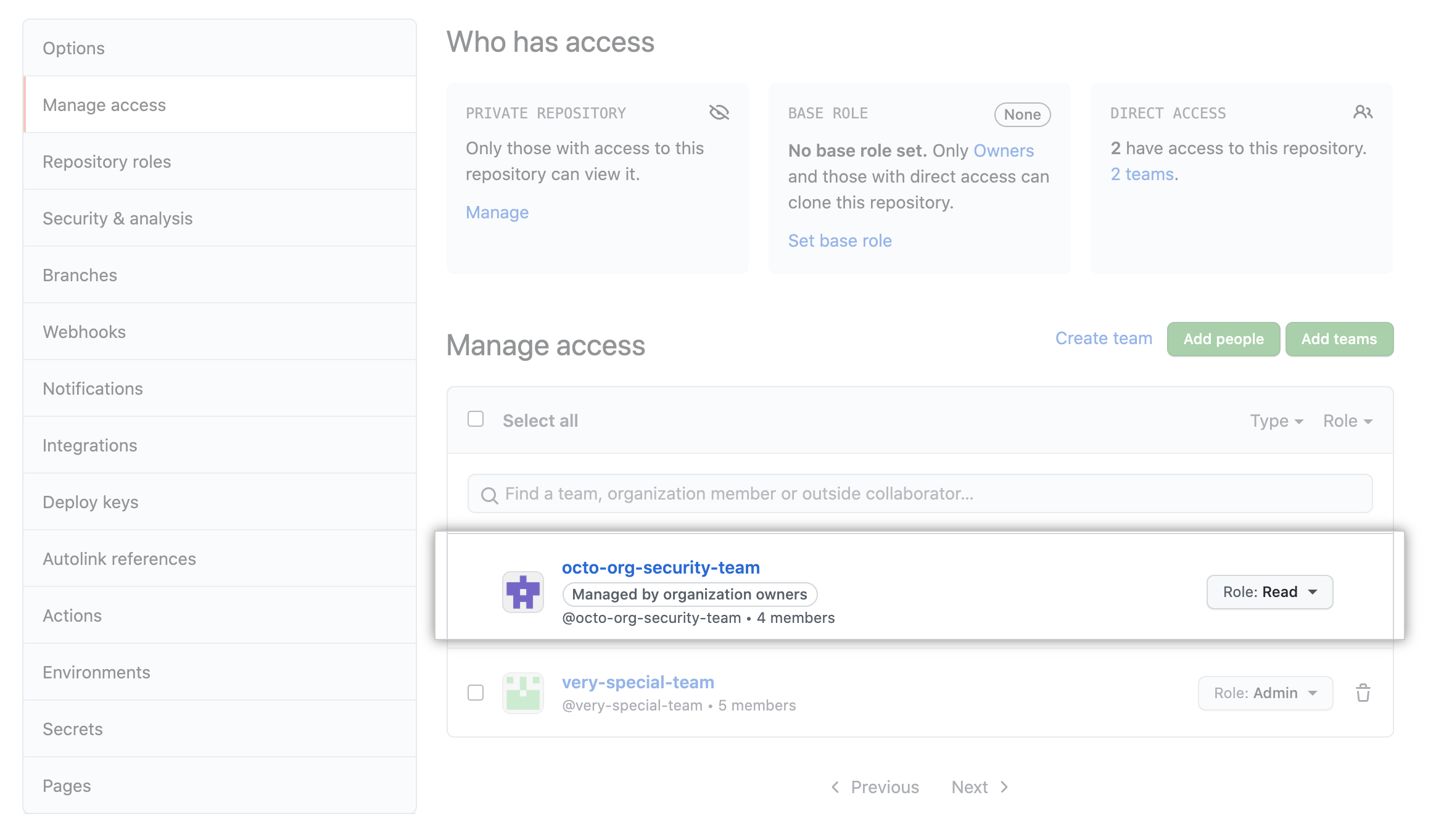 Manage repository access UI with security managers
