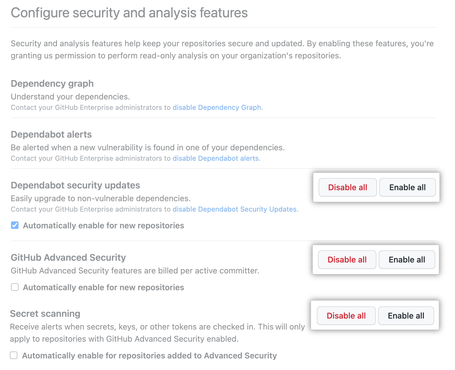 "Enable all" or "Disable all" button for "Configure security and analysis" features