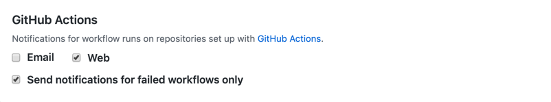 Screenshot of the notification options for GitHub Actions