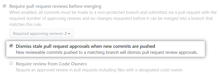 新たなコミットがプッシュされたときに古い pull request の承認を却下するチェックボックス