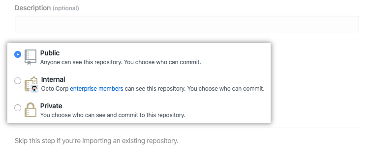 Radio buttons to select repository visibility