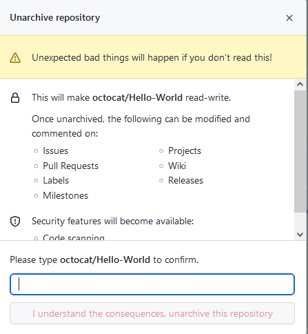 Unarchive repository warnings