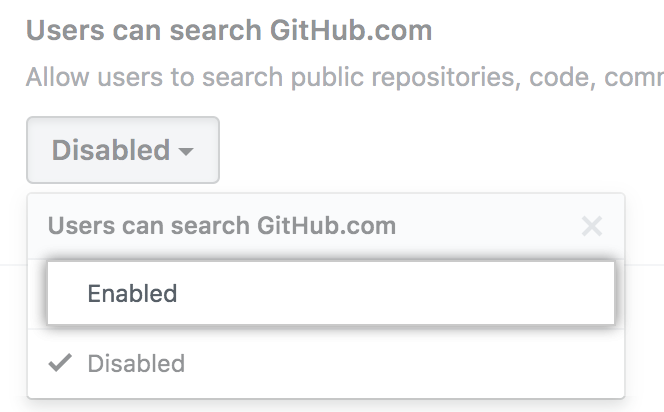 GitHub.com を検索するドロップダウン メニューの [有効] 検索オプション