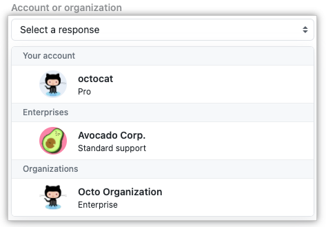 Screenshot of the "Account or organization" dropdown menu.