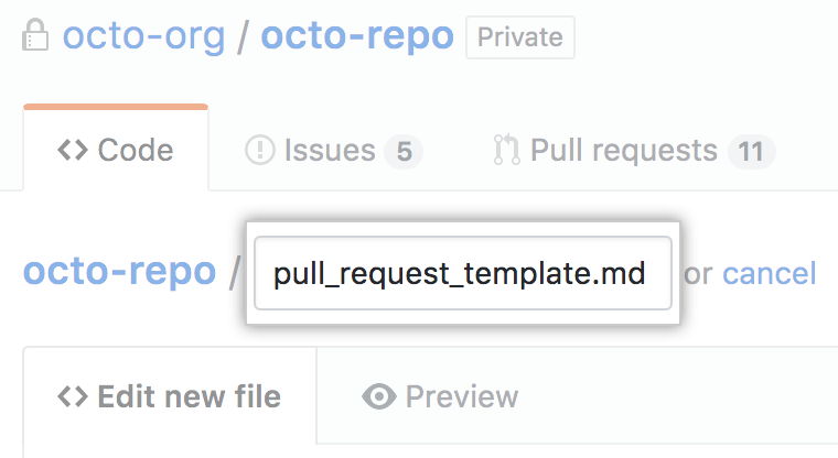 ルート ディレクトリの新しい pull request テンプレート名