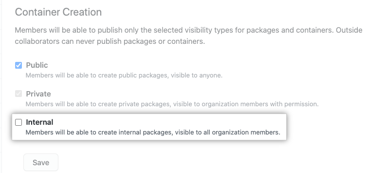 Visibility options for container images published by organization members