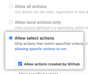 GitHub Actions での [select アクションを許可] と [GitHub で作成されたアクションを許可] のスクリーンショット