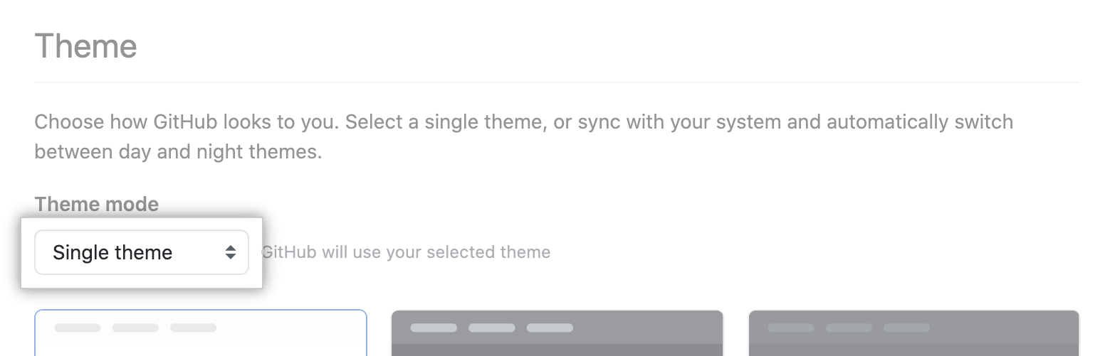 Drop-down menu under "Theme mode" for selection of theme preference
