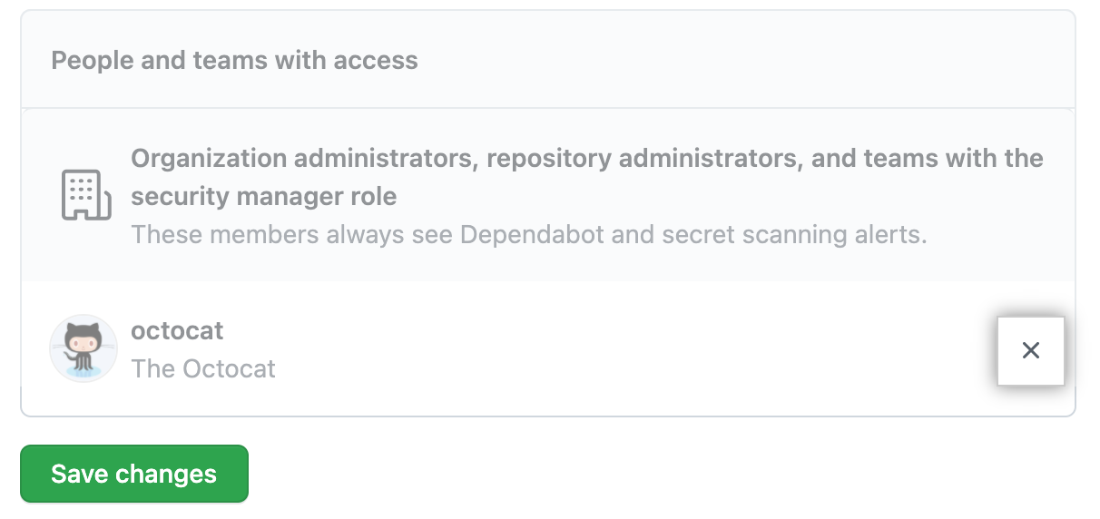 リポジトリのセキュリティ アラートへの他のユーザーのアクセス権を削除する [x] ボタン