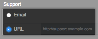 サポートのメールまたは URL