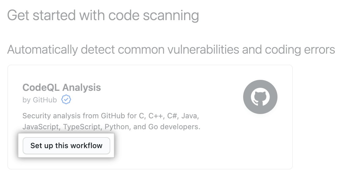 "Set up this workflow" button under "Get started with code scanning" heading
